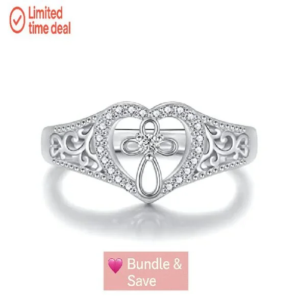 925 Sterling Silver Heart Cross Ring Size 8 Religious Jewelry Gift for Women